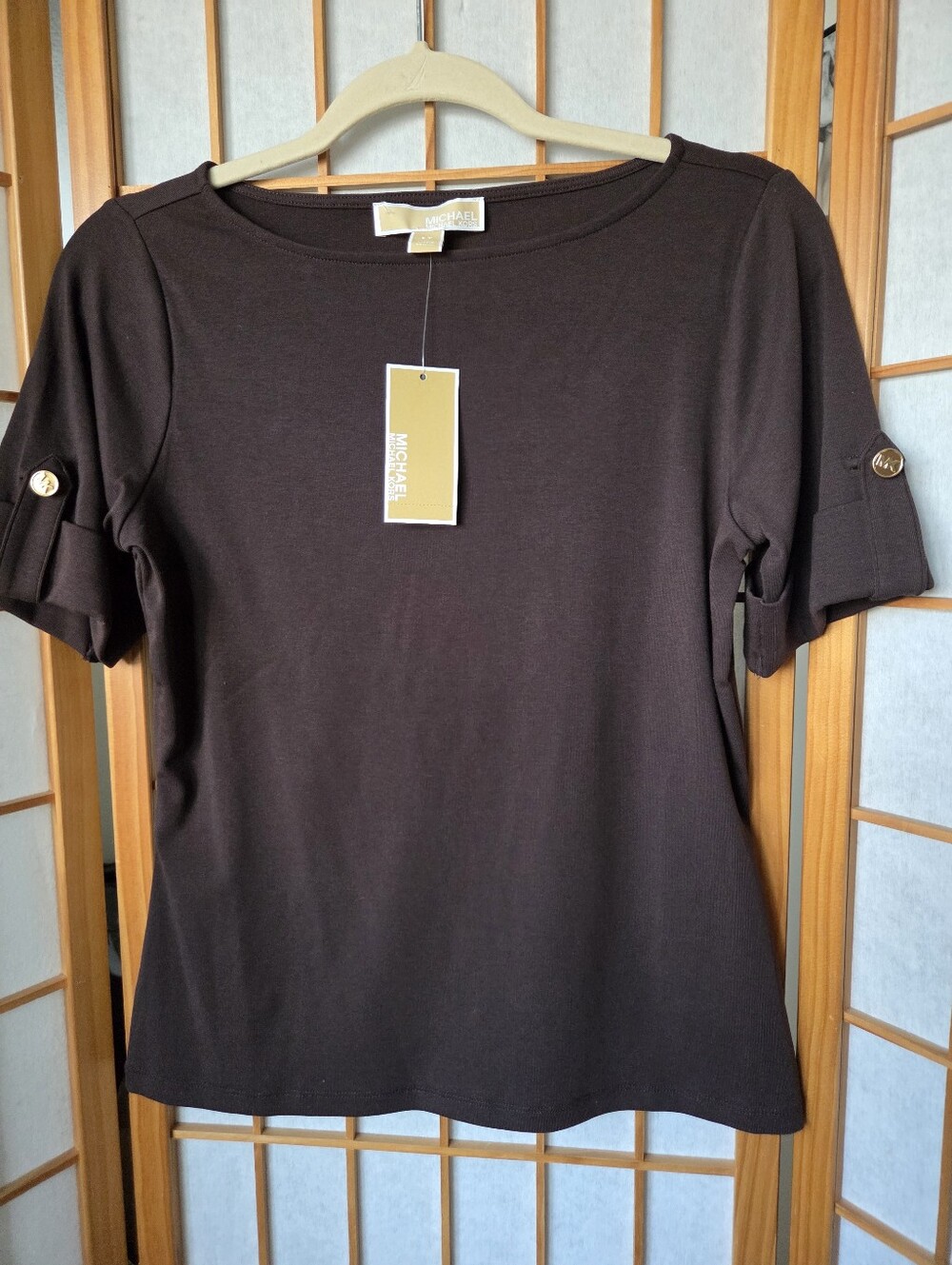 WOMENS MICHAEL KORS CHOCOLATE STRETCH COTTON SHORT SLEEVES WITH BUTTONS BLOUSE S